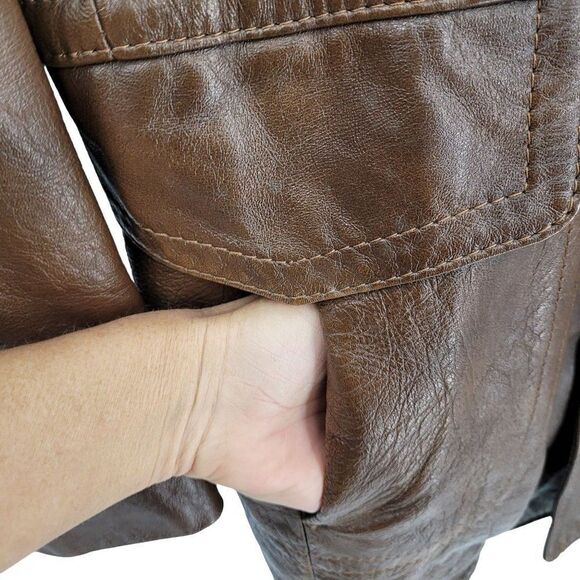 70s Leather Jacket Mottled Crackle Brown Duster Blazer Button Hippy Streetwear L - Picture 5 of 14
